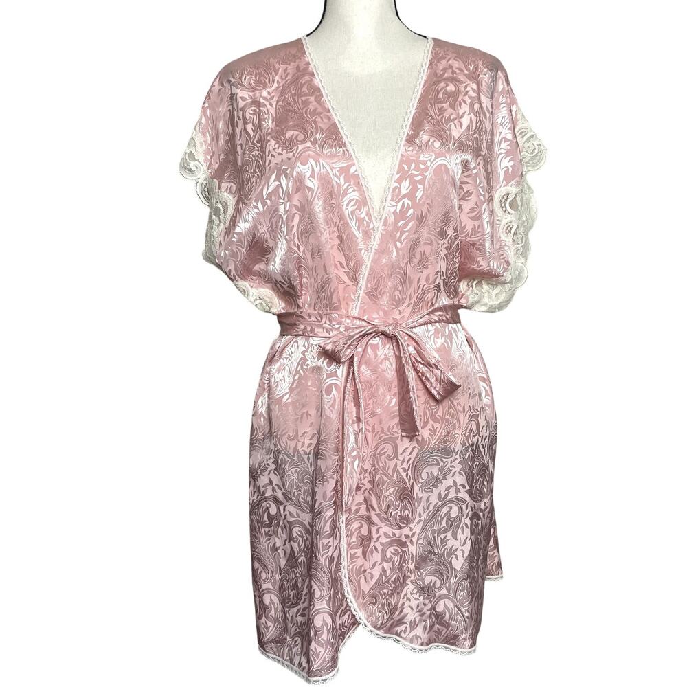 Vintage Lucie Ann Pink Satin Babydoll Short Robe Lace Trim Semi-Sheer Sz Large
